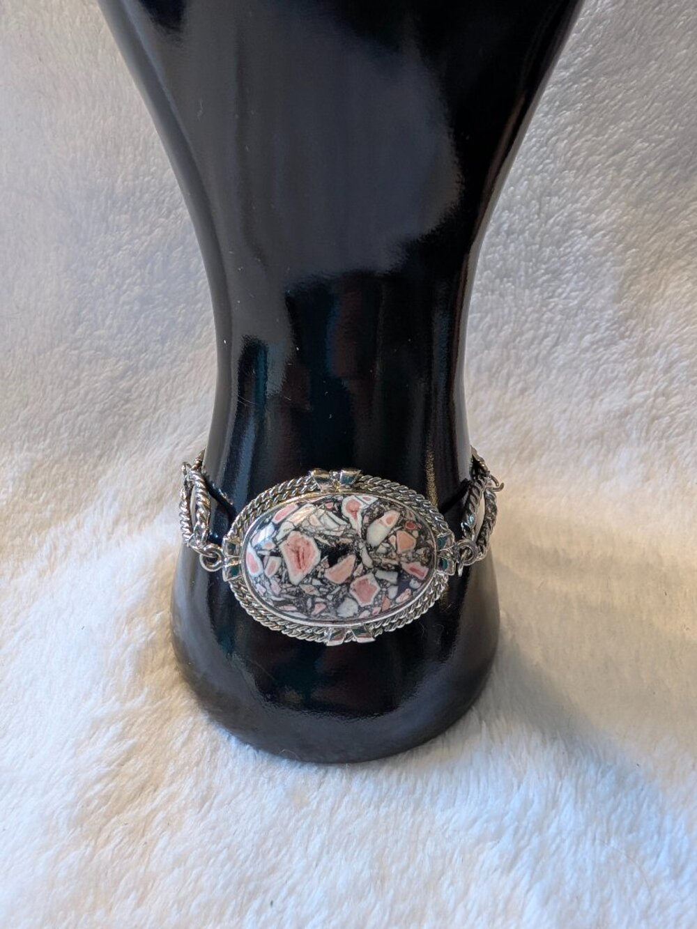 Vintage Mixed-Media Silver-Tone Bracelet - Marbled Pink & Grey Stone Toggle